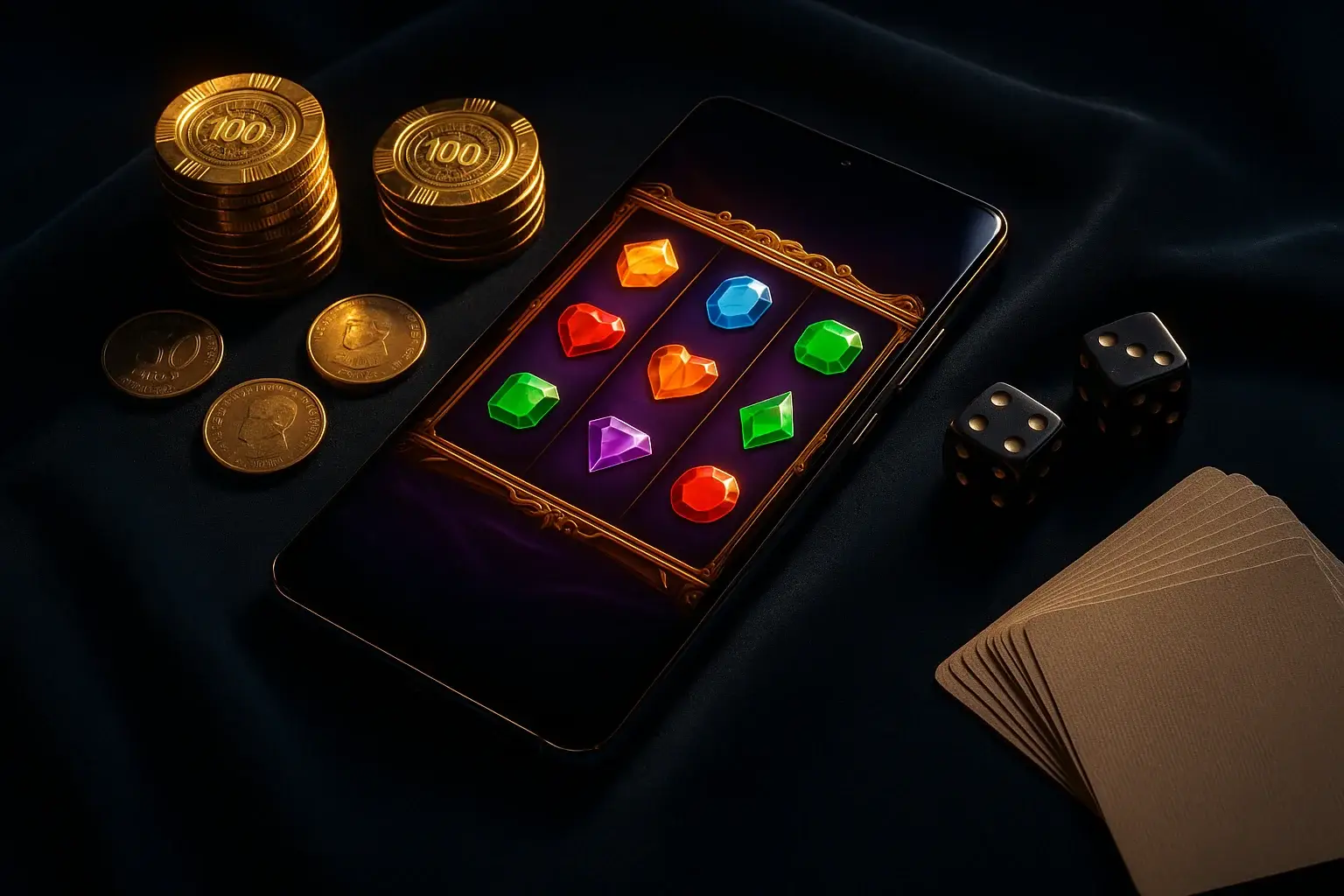 Samsung Galaxy showing slot game, Philippine casino chips, coins, dice, cards